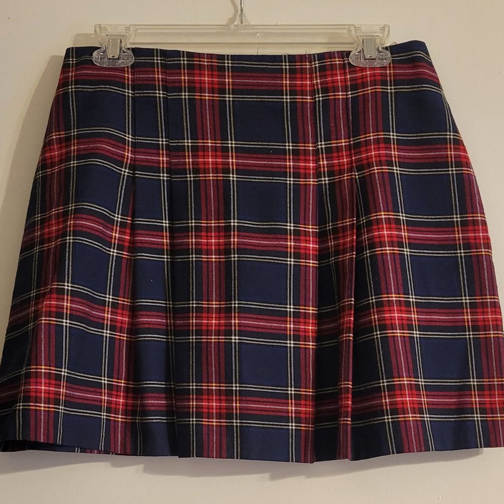 Blue and Red Pleated Plaid Pencil Skirt